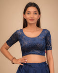 Vasu Velvet Gold Foil Stripes Navy Elbow Sleeve | Ready-To-Wear Blouse