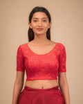 Vasu Velvet Gold Foil Red V-Shaped Back Saree Blouse | Stretchable