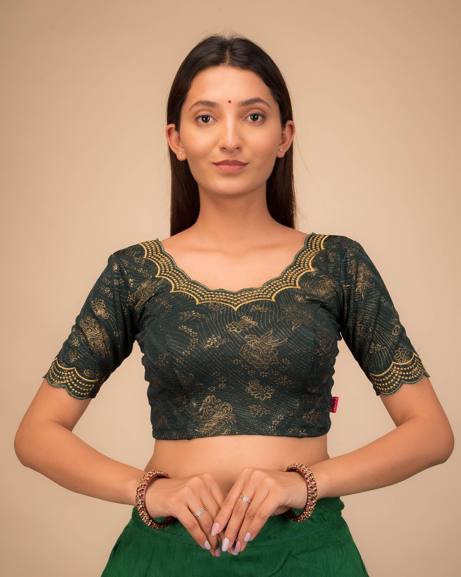 Model wearing a stretchable blouse with elbow sleeves and round neckline, featuring floral embroidery with stone accents.