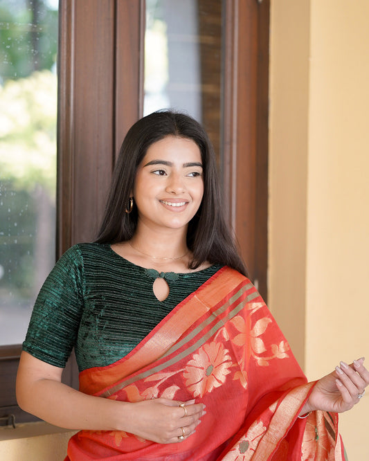 Maisha Bottle Green Striped Zari Stretchable Saree Blouse Advi