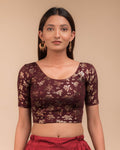 Akshar Gold Metallic Foil Wine Stretchable Ready-To-Go Saree Blouse