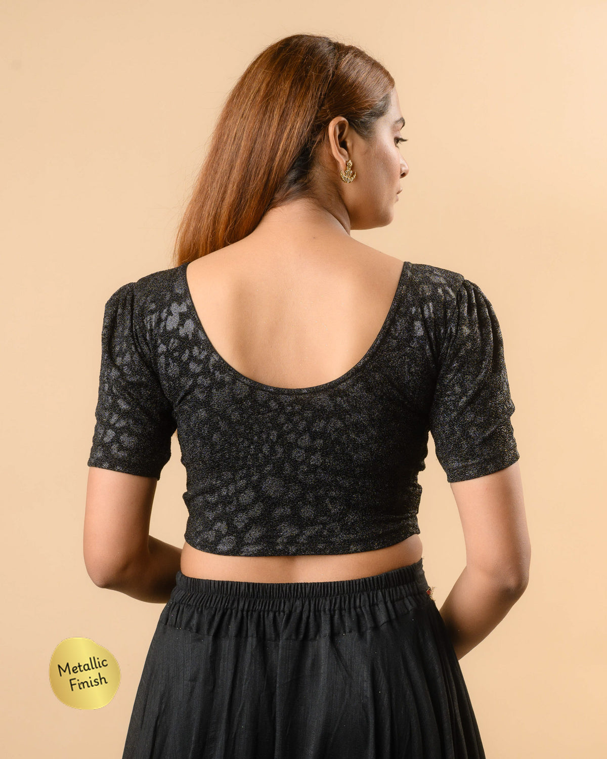 Surkh Black Metallic Emboss Blouse with Puff Sleeves | Stretchable Partywear Choli