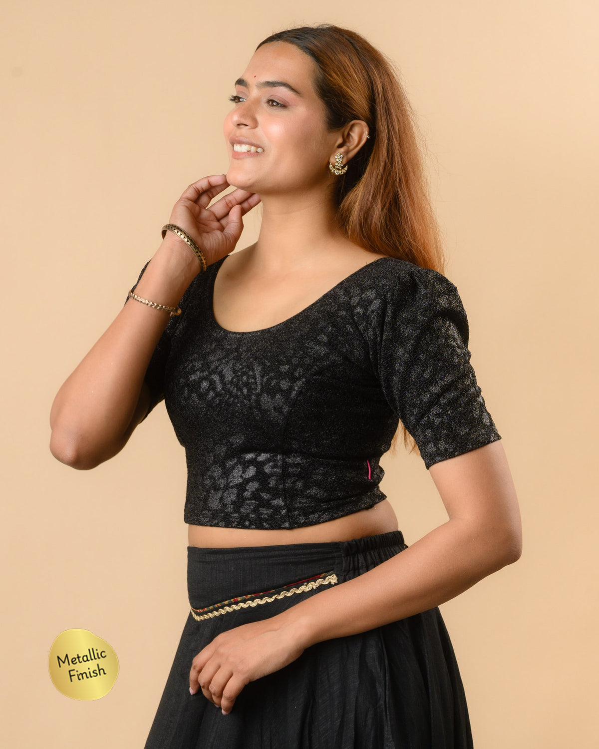 Surkh Black Metallic Emboss Blouse with Puff Sleeves | Stretchable Partywear Choli