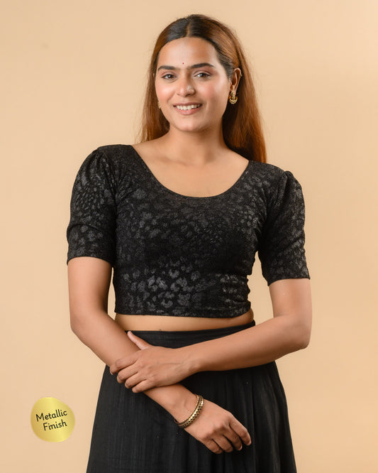 Surkh Black Metallic Emboss Blouse with Puff Sleeves | Stretchable Partywear Choli