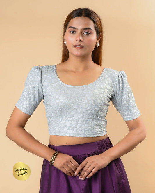 Surkh Silver Metallic Emboss Puff Sleeve Blouse | Stretchable Festive Wear