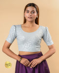 Surkh Silver Metallic Emboss Puff Sleeve Blouse | Stretchable Festive Wear