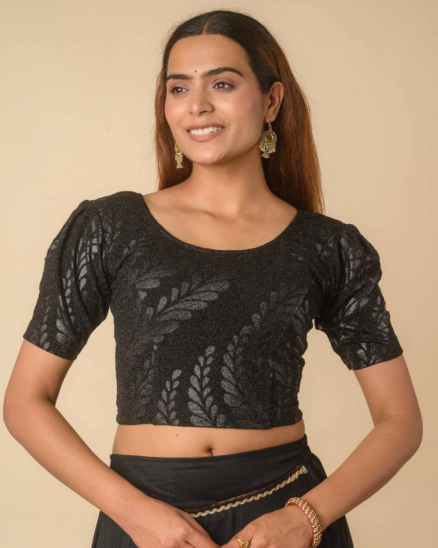 Surkh Black Metallic Emboss Blouse with Puff Sleeves | Stretchable Partywear Choli
