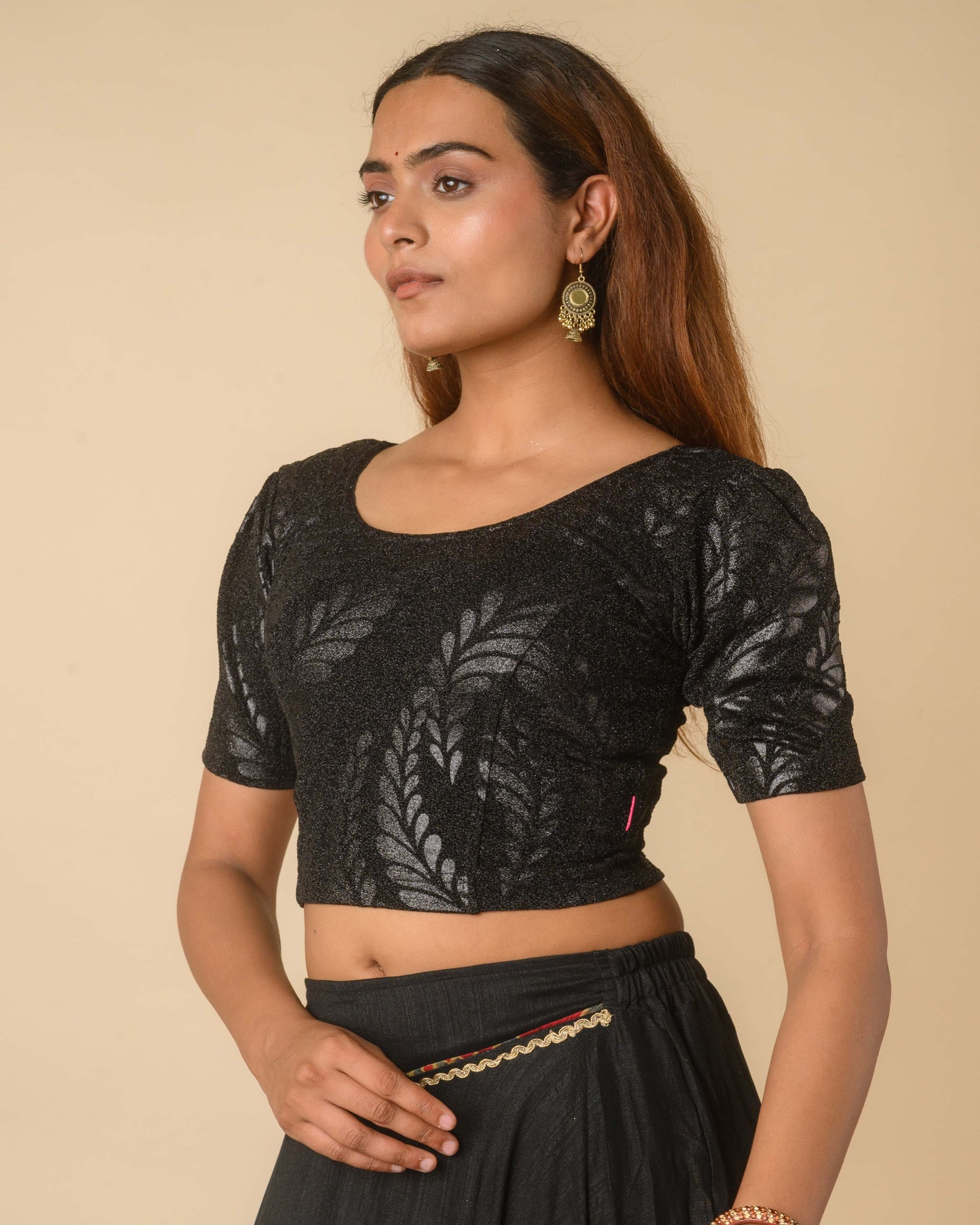 Surkh Black Metallic Emboss Blouse with Puff Sleeves | Stretchable Partywear Choli