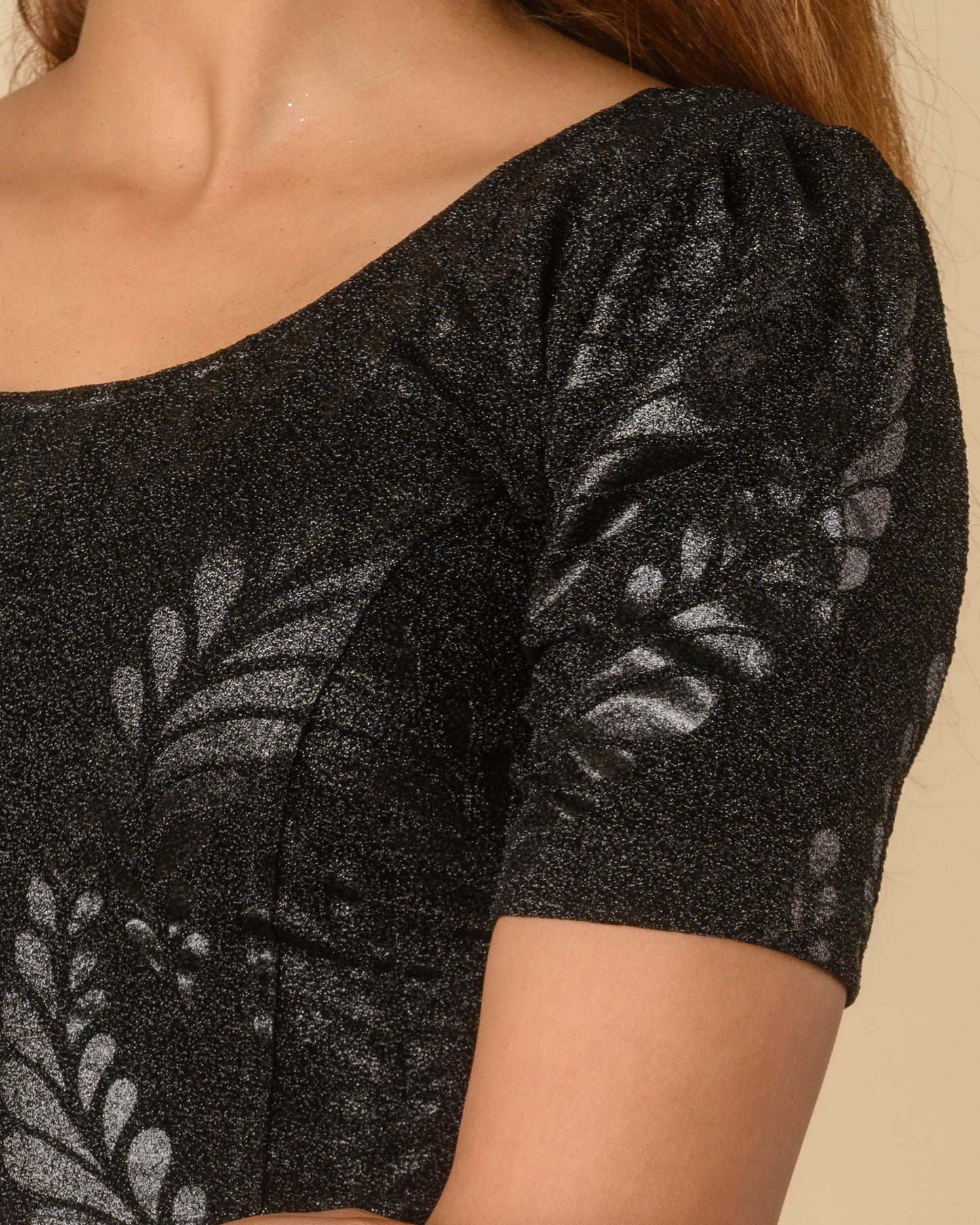 Surkh Black Metallic Emboss Blouse with Puff Sleeves | Stretchable Partywear Choli