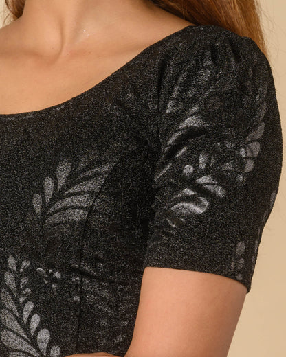 Surkh Black Metallic Emboss Blouse with Puff Sleeves | Stretchable Partywear Choli