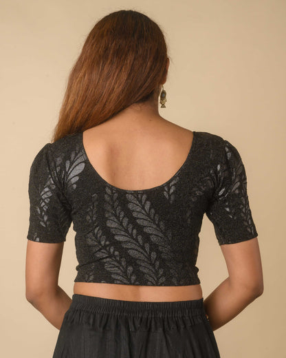 Surkh Black Metallic Emboss Blouse with Puff Sleeves | Stretchable Partywear Choli