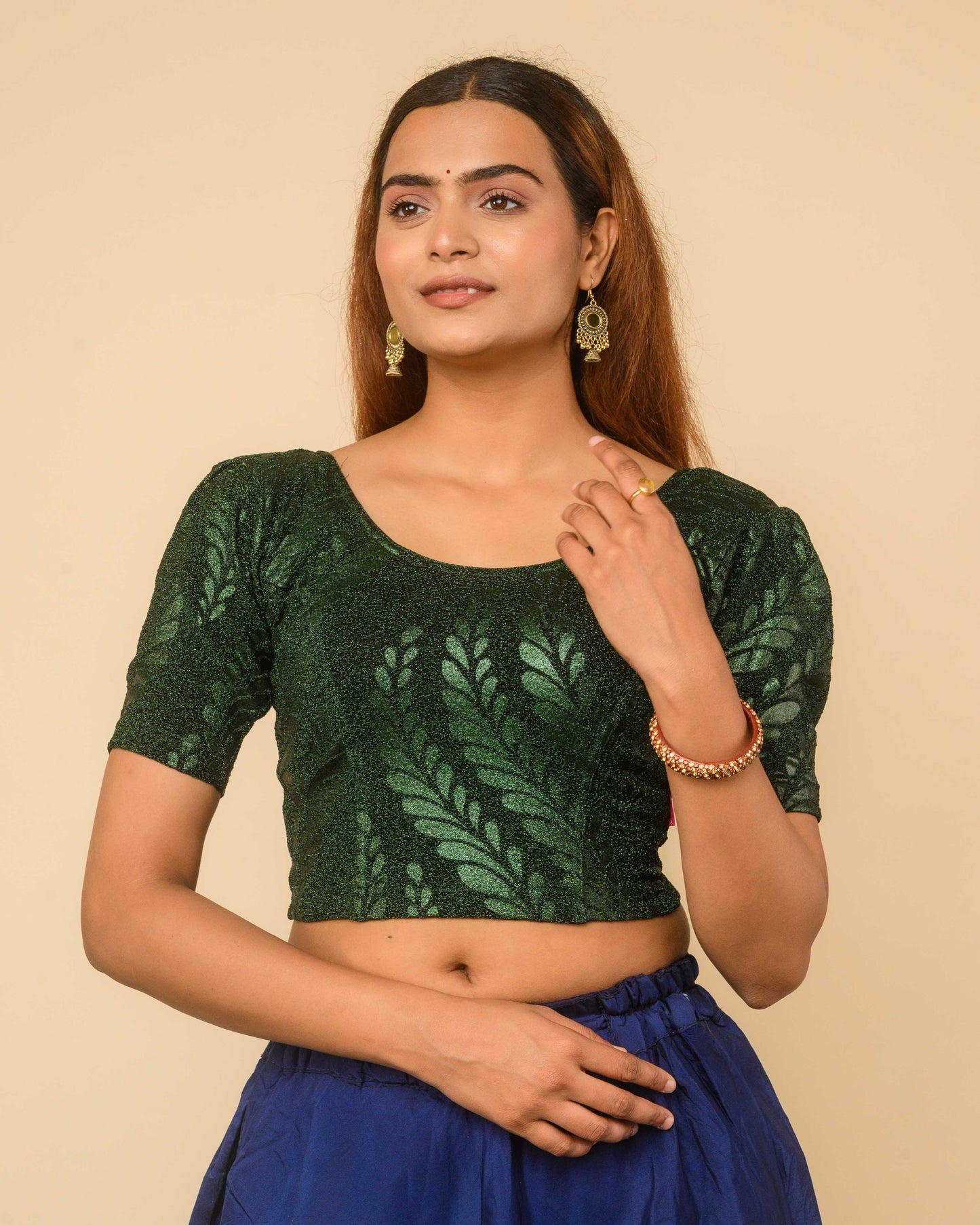 Surkh Bottle Green Metallic Emboss Blouse with Puff Sleeves | Stretchable Partywear Choli