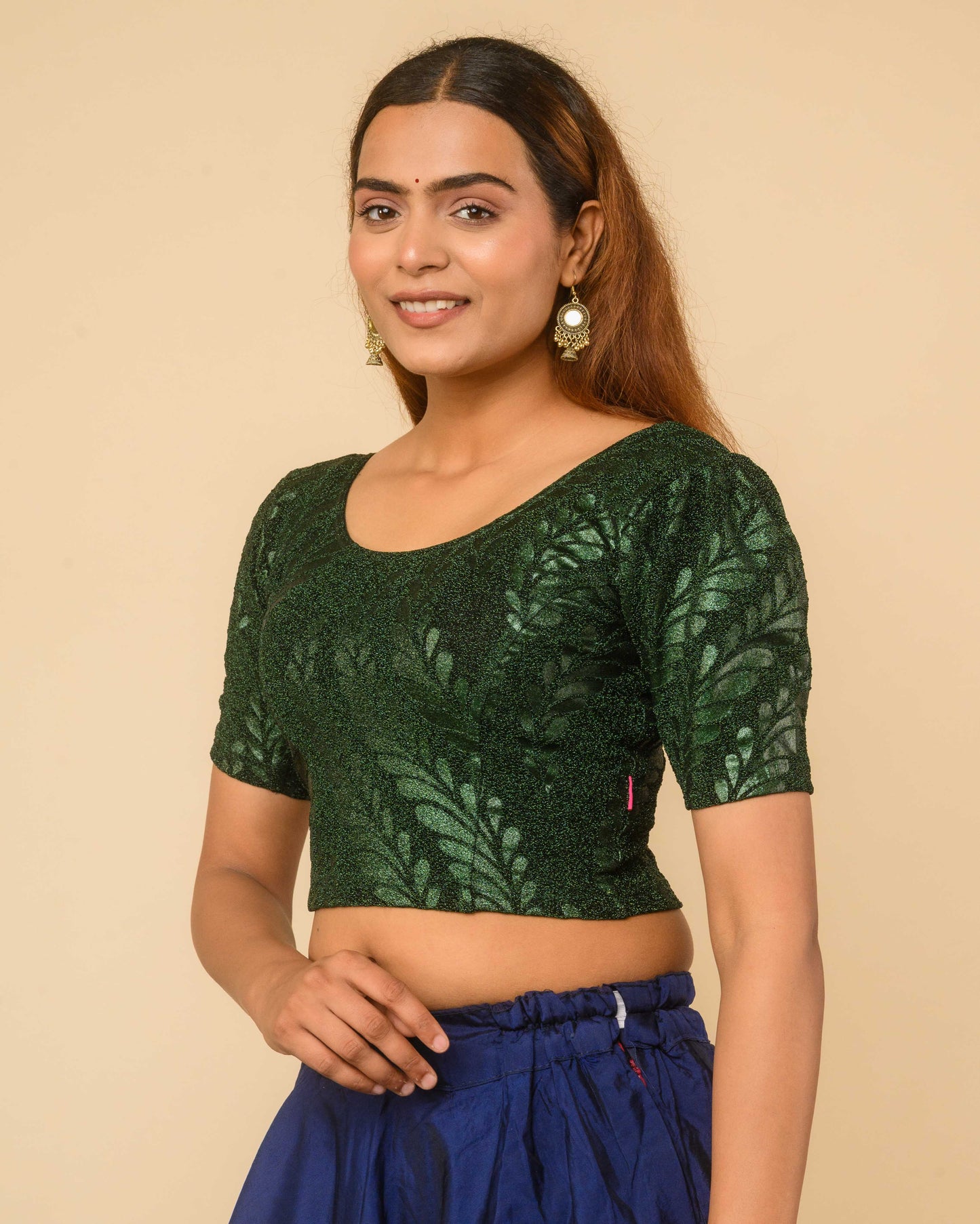 Surkh Bottle Green Metallic Emboss Blouse with Puff Sleeves | Stretchable Partywear Choli