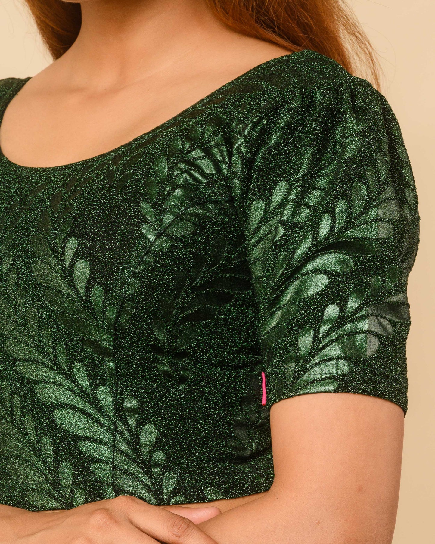 Surkh Bottle Green Metallic Emboss Blouse with Puff Sleeves | Stretchable Partywear Choli
