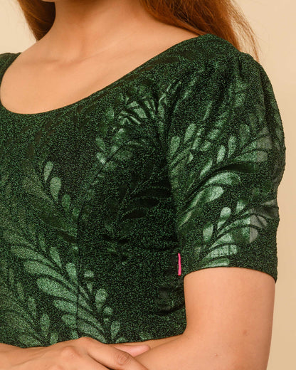Surkh Bottle Green Metallic Emboss Blouse with Puff Sleeves | Stretchable Partywear Choli