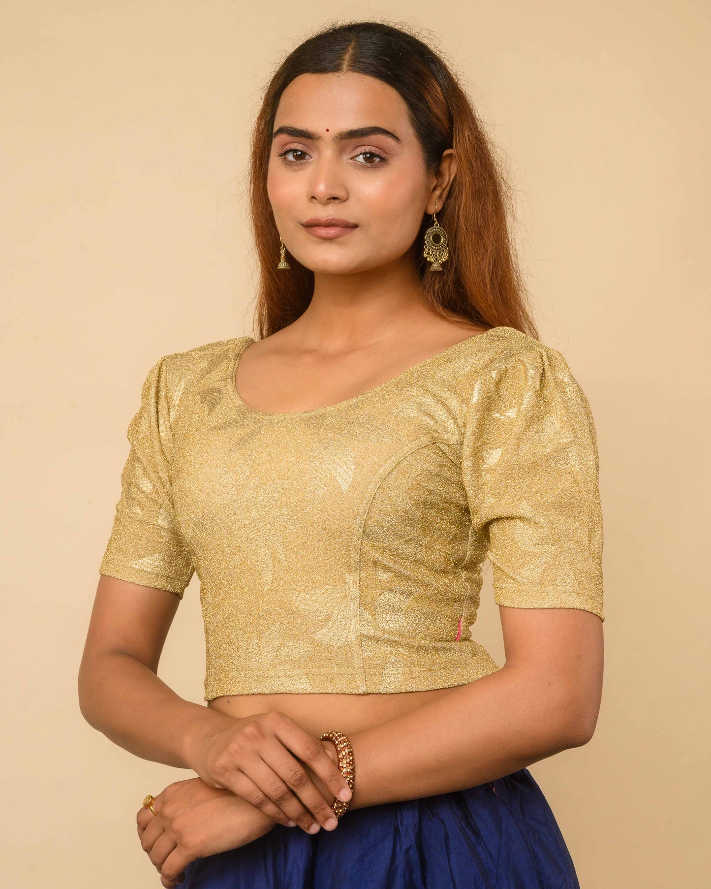 Surkh Cream Gold Bling Blouse with Puff Sleeves | Readymade Festive Wear