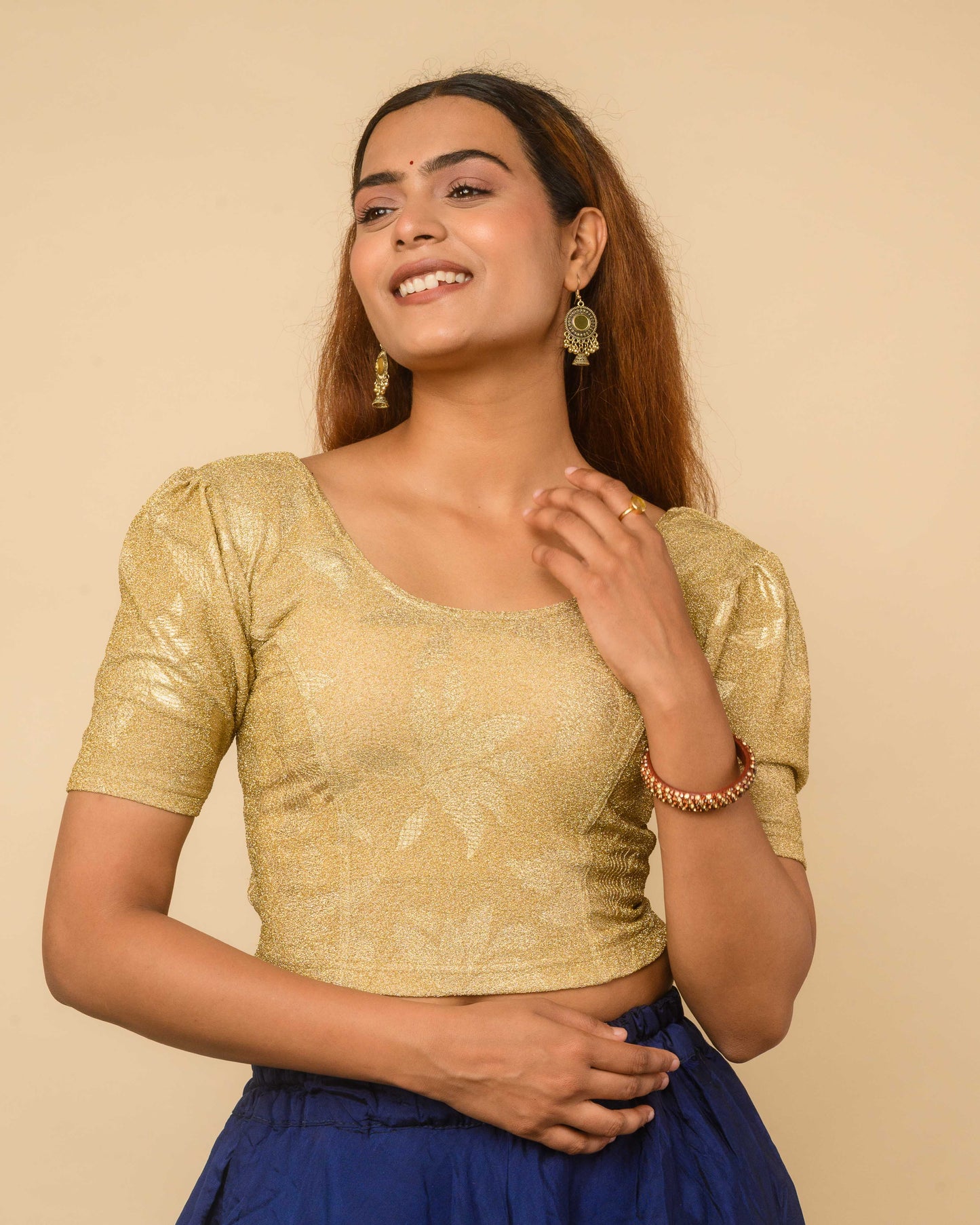 Surkh Cream Gold Bling Blouse with Puff Sleeves | Readymade Festive Wear