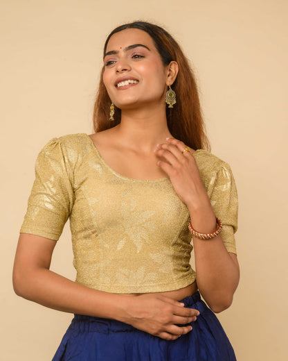 Surkh Cream Gold Bling Blouse with Puff Sleeves | Readymade Festive Wear