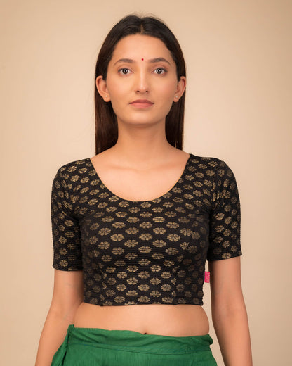 Chandrika Floral Gold Foil With Pearl Detail At Back Stretchable Slip On Blouse