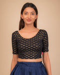 Chandrika Pearl Floral Gold Foil Navy Readymade Festive Wear Saree Blouse