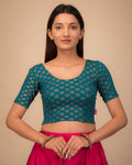 Chandrika Floral Gold Foil Rama Green With Pearl Ready-To-Go Saree Blouse