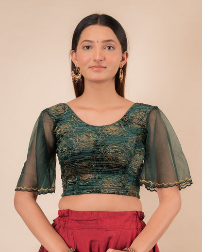 Aneeth Rose Velvet Embroidered Bell Organza Sleeves Stretchable Slip On Blouse