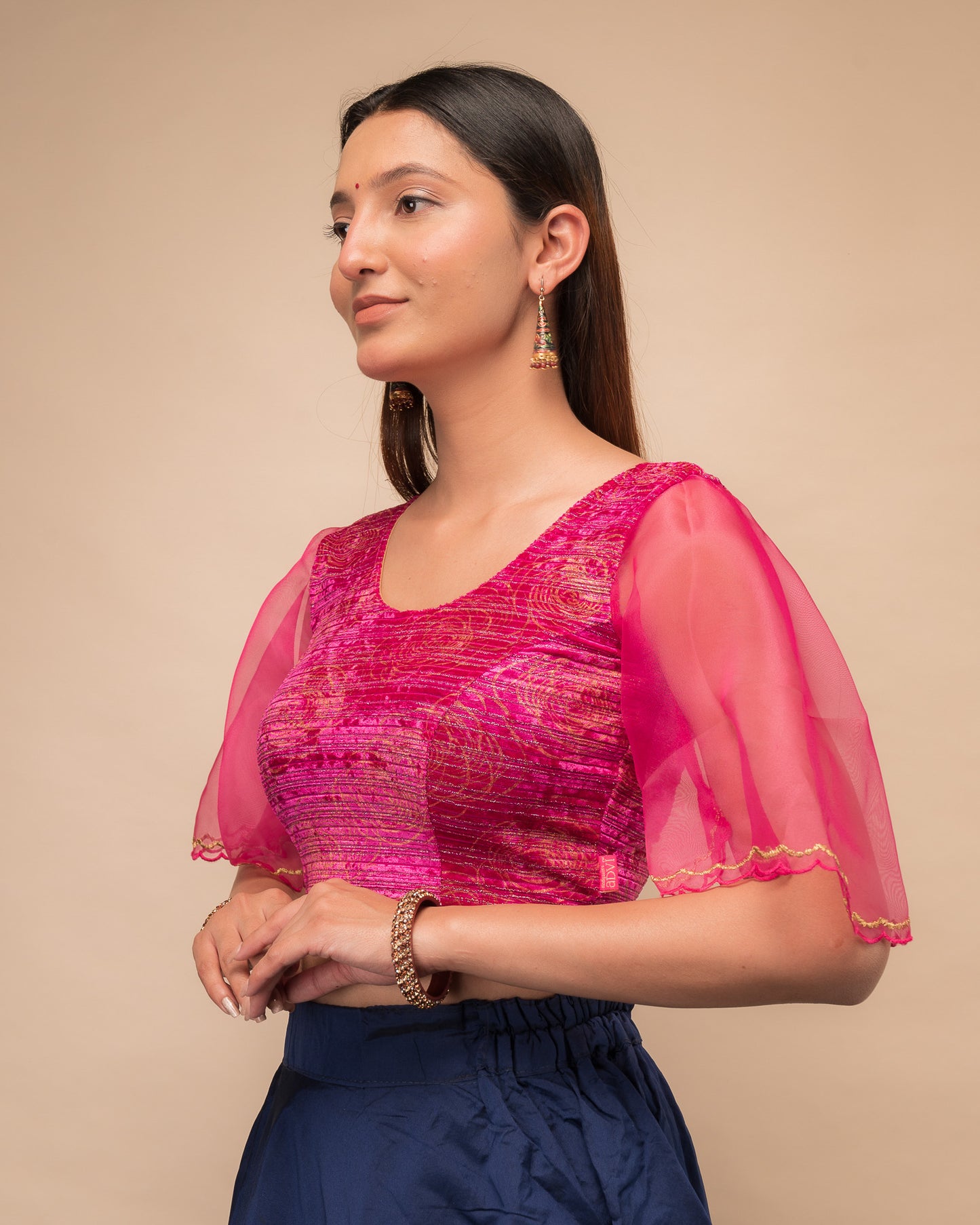 Aneeth Rose Velvet Embroidered Bell Organza Sleeves Stretchable Slip On Blouse