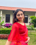 Aneeth Red Rose Velvet Blouse with Organza Sleeves | Stretchable Wedding Wear