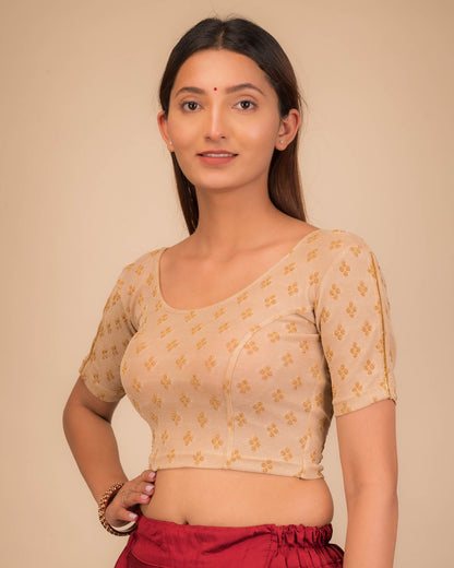 Side profile emphasizing the blouse’s fit and sleeve structure.
