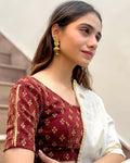 Anavila Banarasi Gold Zari Buti Maroon Saree Blouse | Ready-To-Go