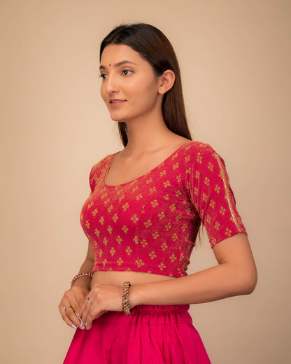 Side profile emphasizing the blouse’s fit and sleeve structure.