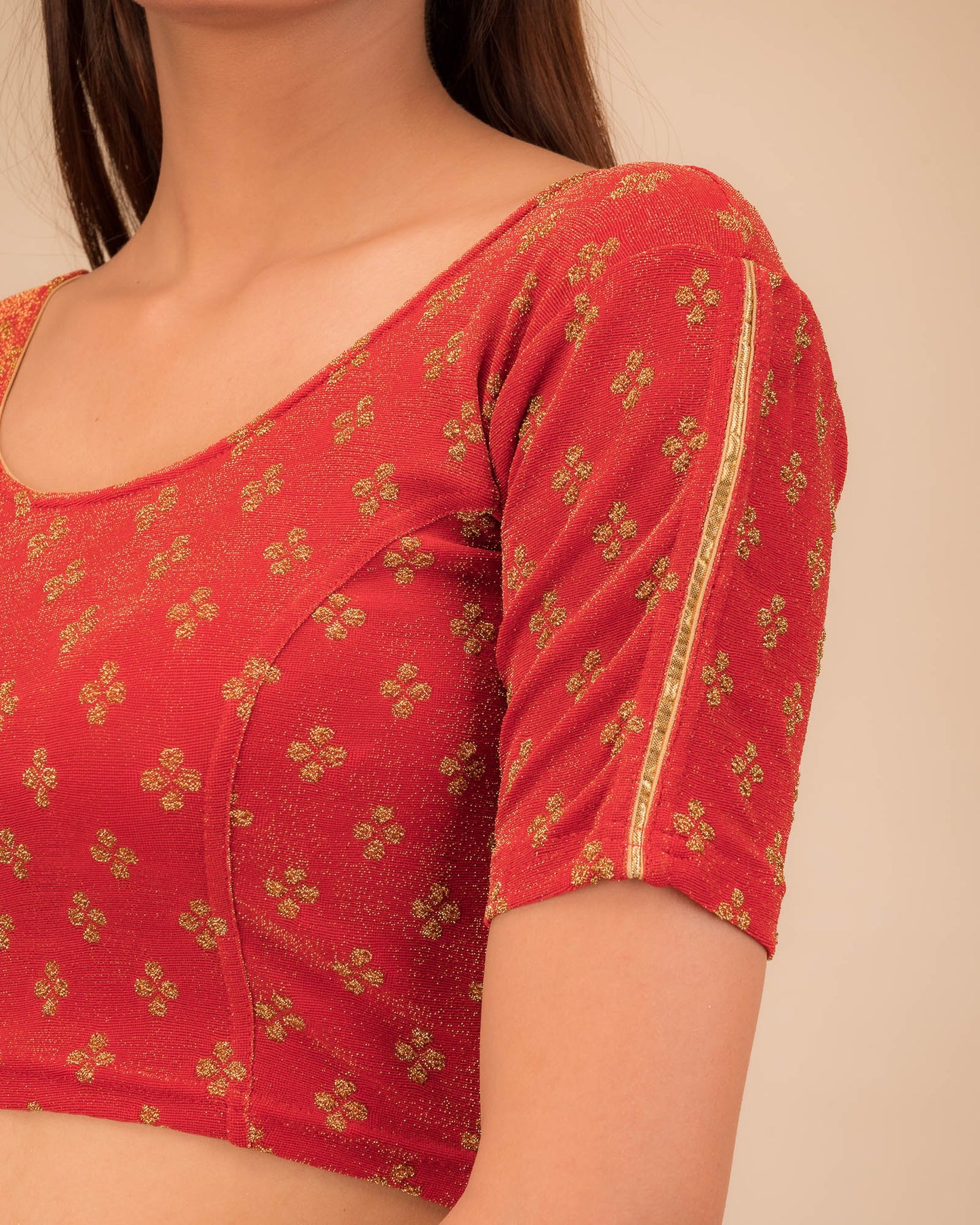 Close-up of jacquard fabric and motif detailing.