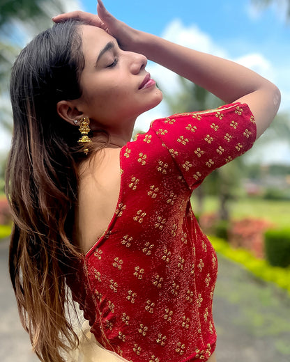 Model pairing the blouse with a saree for a traditional look.
