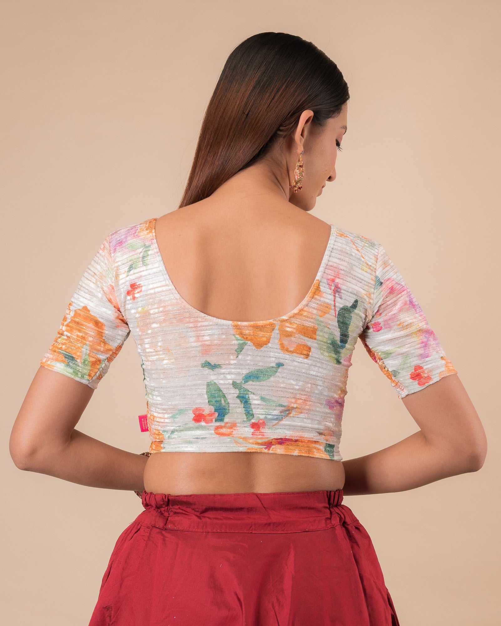 Rear view of the stretchable blouse showcasing the back design.