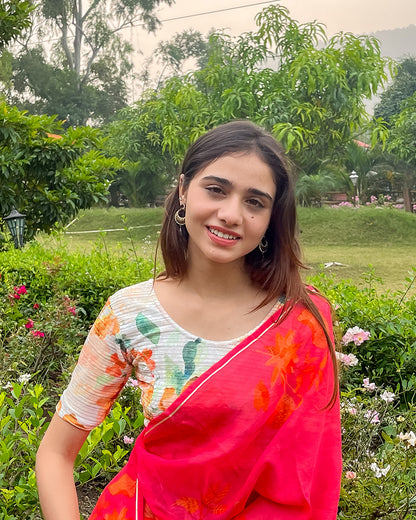 Model pairing the blouse with a saree for a festive-ready look.