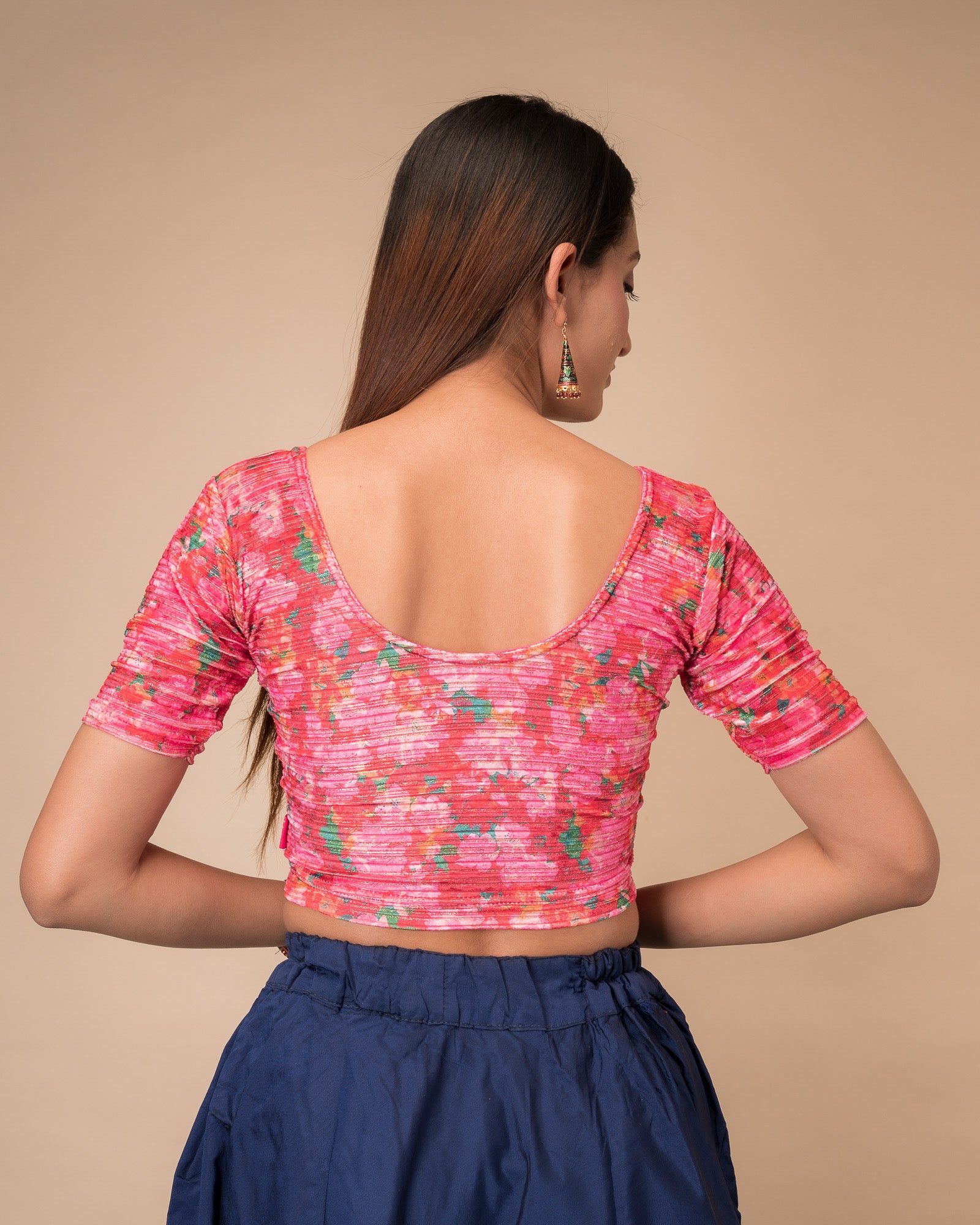 Rear view of the stretchable blouse showcasing the back design.
