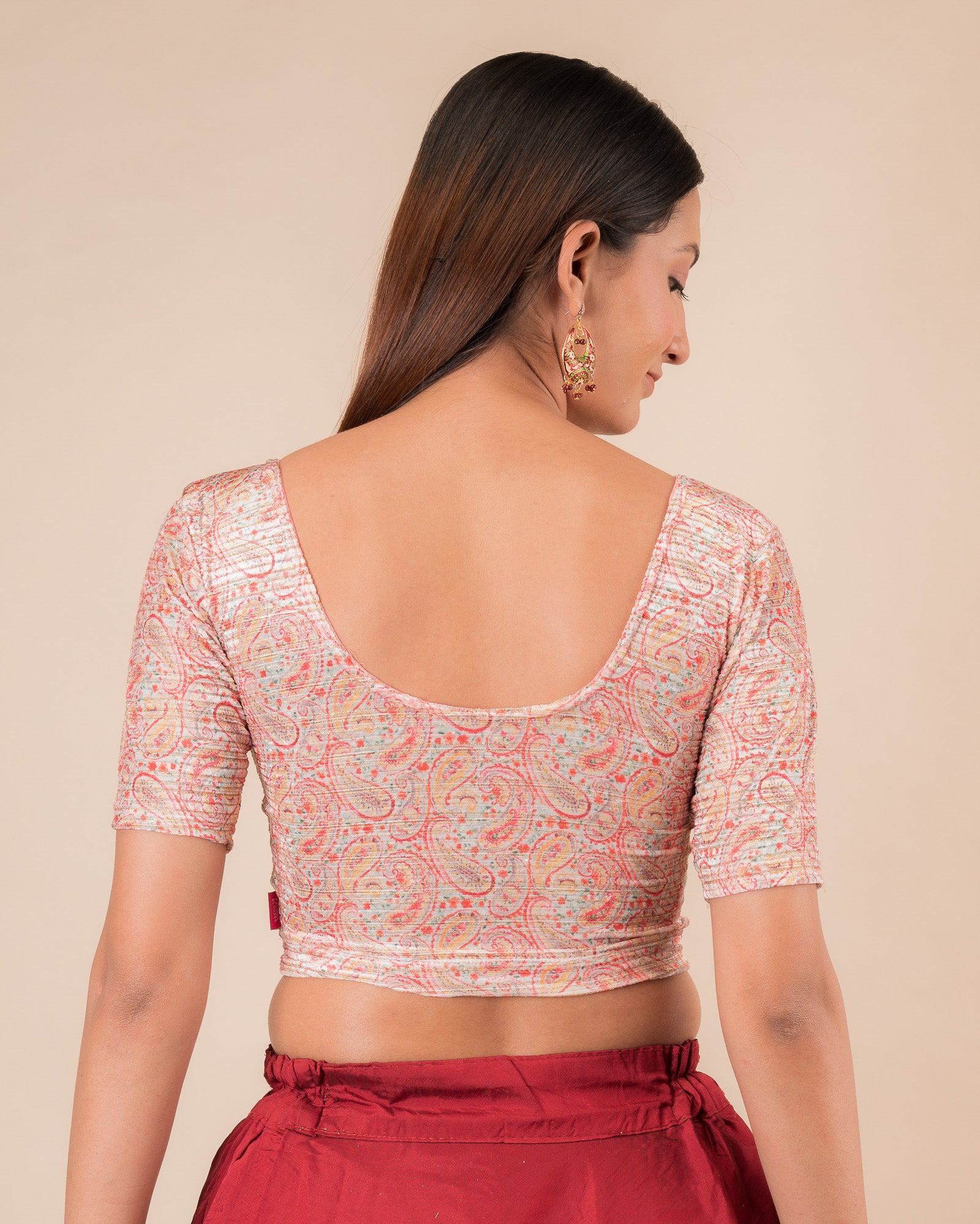 Rear view of the stretchable blouse showcasing the back design.