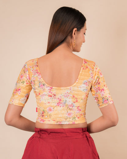 Rear view of the stretchable blouse showcasing the back design.