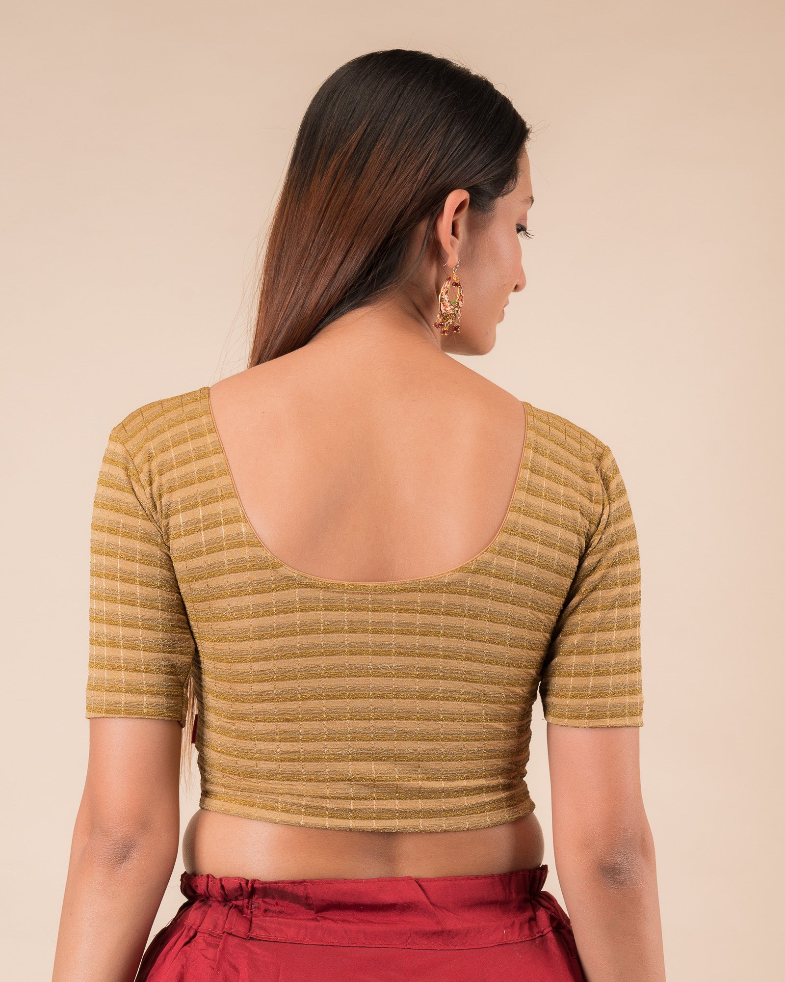 Rear view of the zari stripe stretchable blouse showcasing the back design