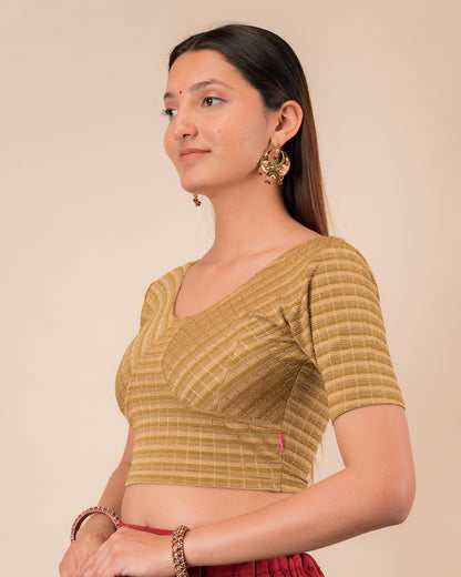 Side profile of the zari stripe stretchable blouse highlighting the fit and sleeve length
