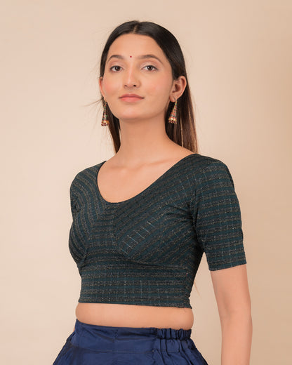 Side profile of the zari stripe stretchable blouse highlighting the fit and sleeve length