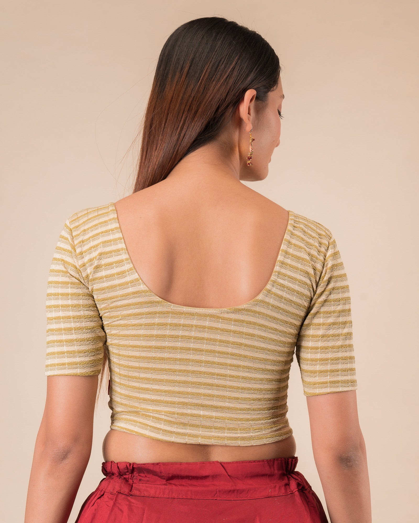 Rear view of the zari stripe stretchable blouse showcasing the back design
