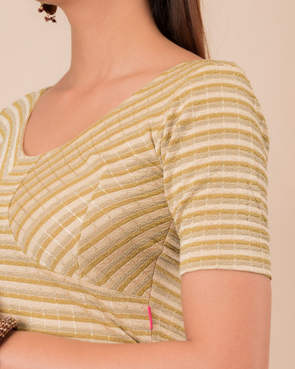 Close-up of the zari stripe fabric detailing the texture and stretchability of the readymade blouse