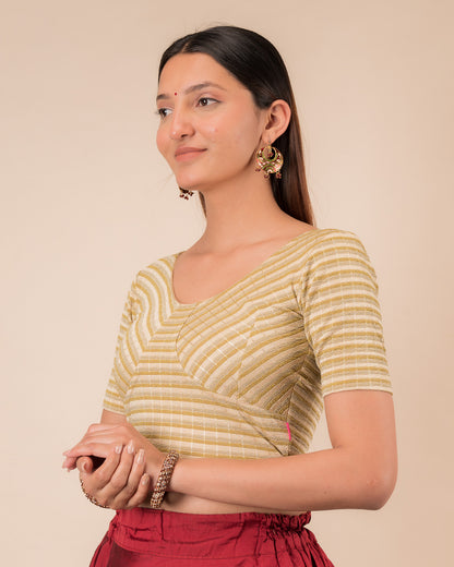 Side profile of the zari stripe stretchable blouse highlighting the fit and sleeve length