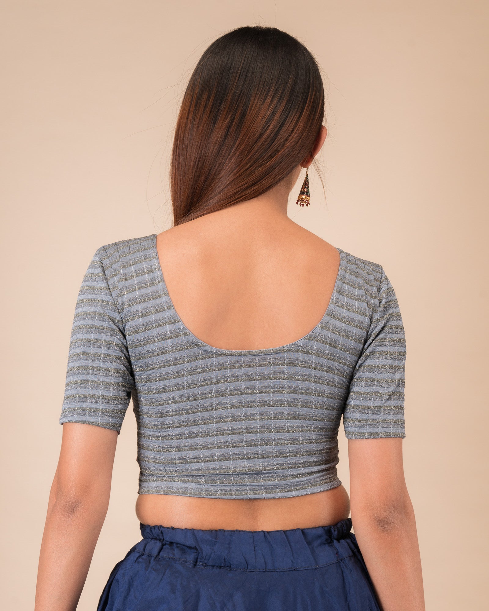 Rear view of the zari stripe stretchable blouse showcasing the back design
