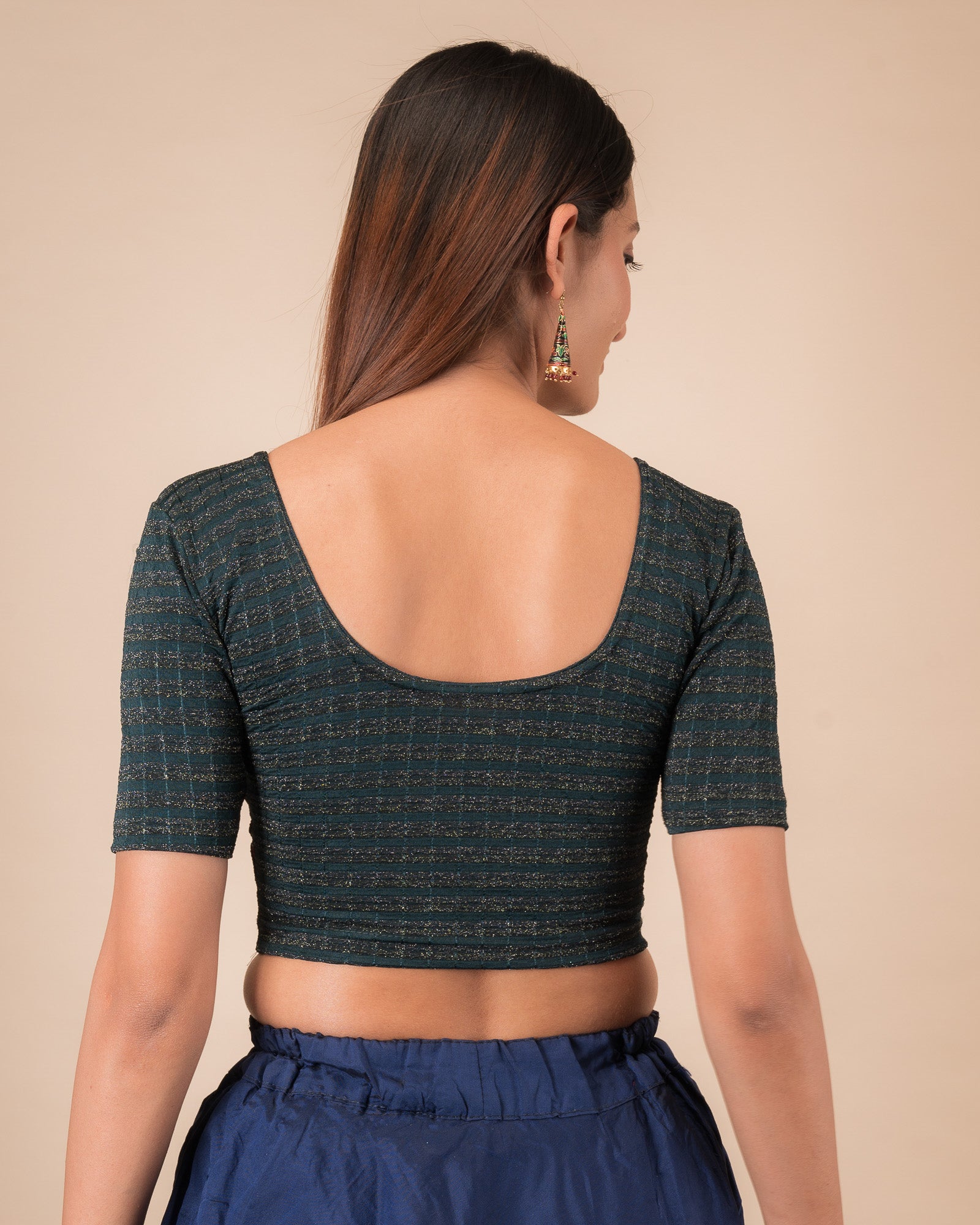 Rear view of the zari stripe stretchable blouse showcasing the back design