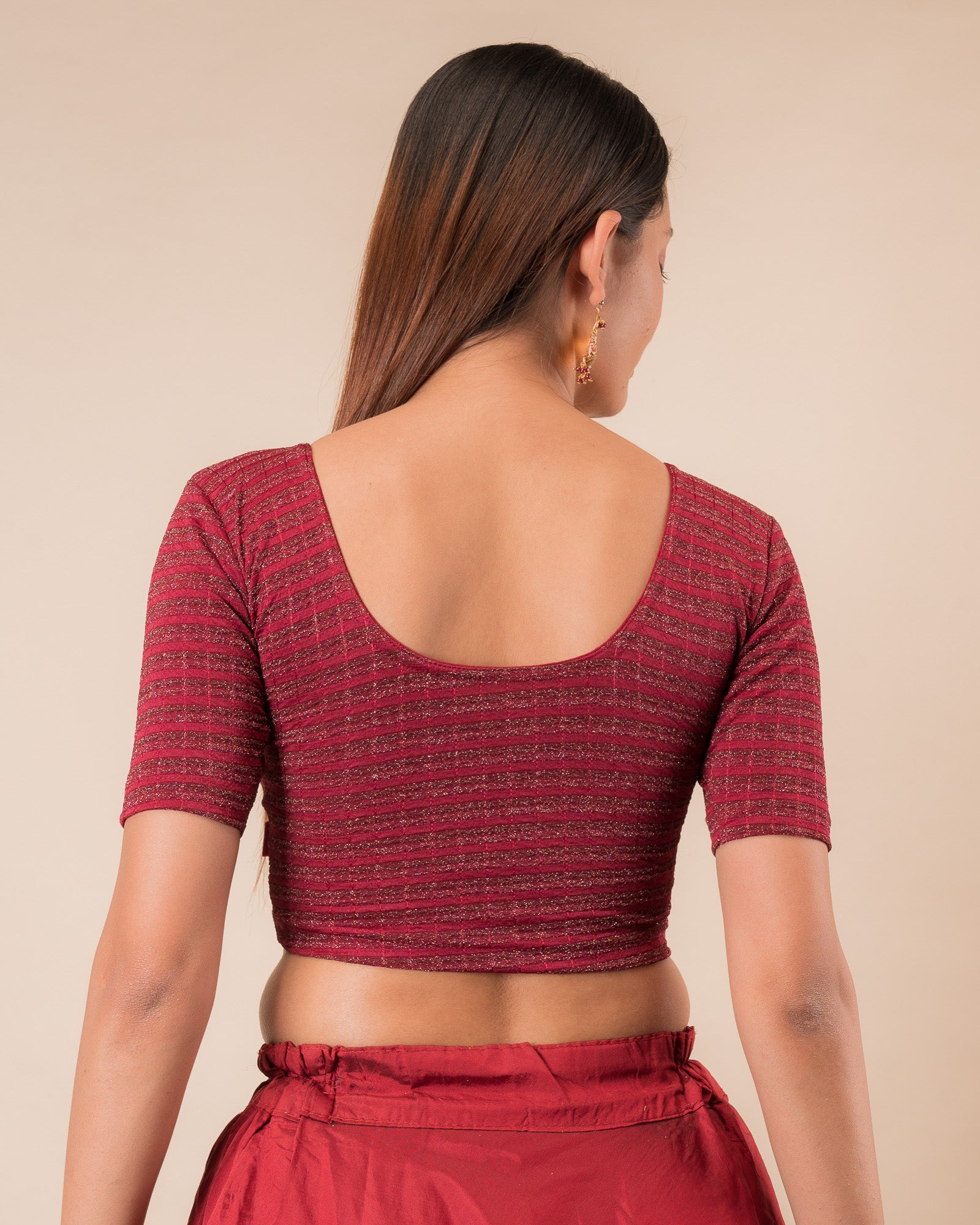 Rear view of the zari stripe stretchable blouse showcasing the back design