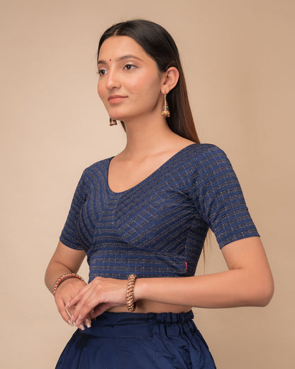 Side profile of the zari stripe stretchable blouse highlighting the fit and sleeve length