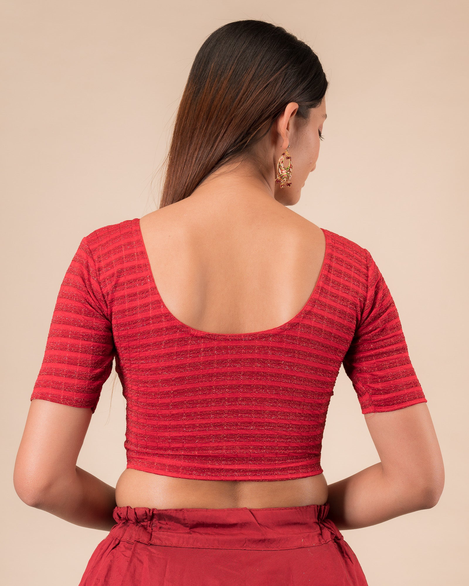 Rear view of the zari stripe stretchable blouse showcasing the back design