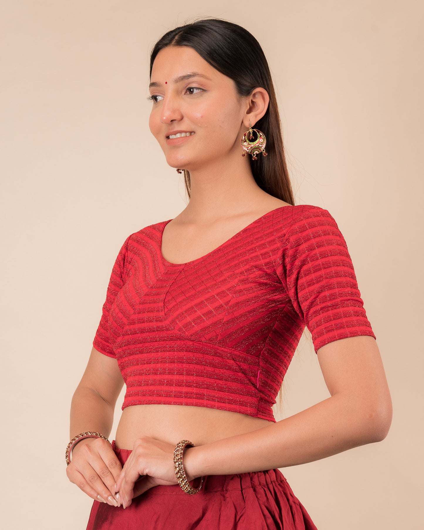 Side profile of the zari stripe stretchable blouse highlighting the fit and sleeve length
